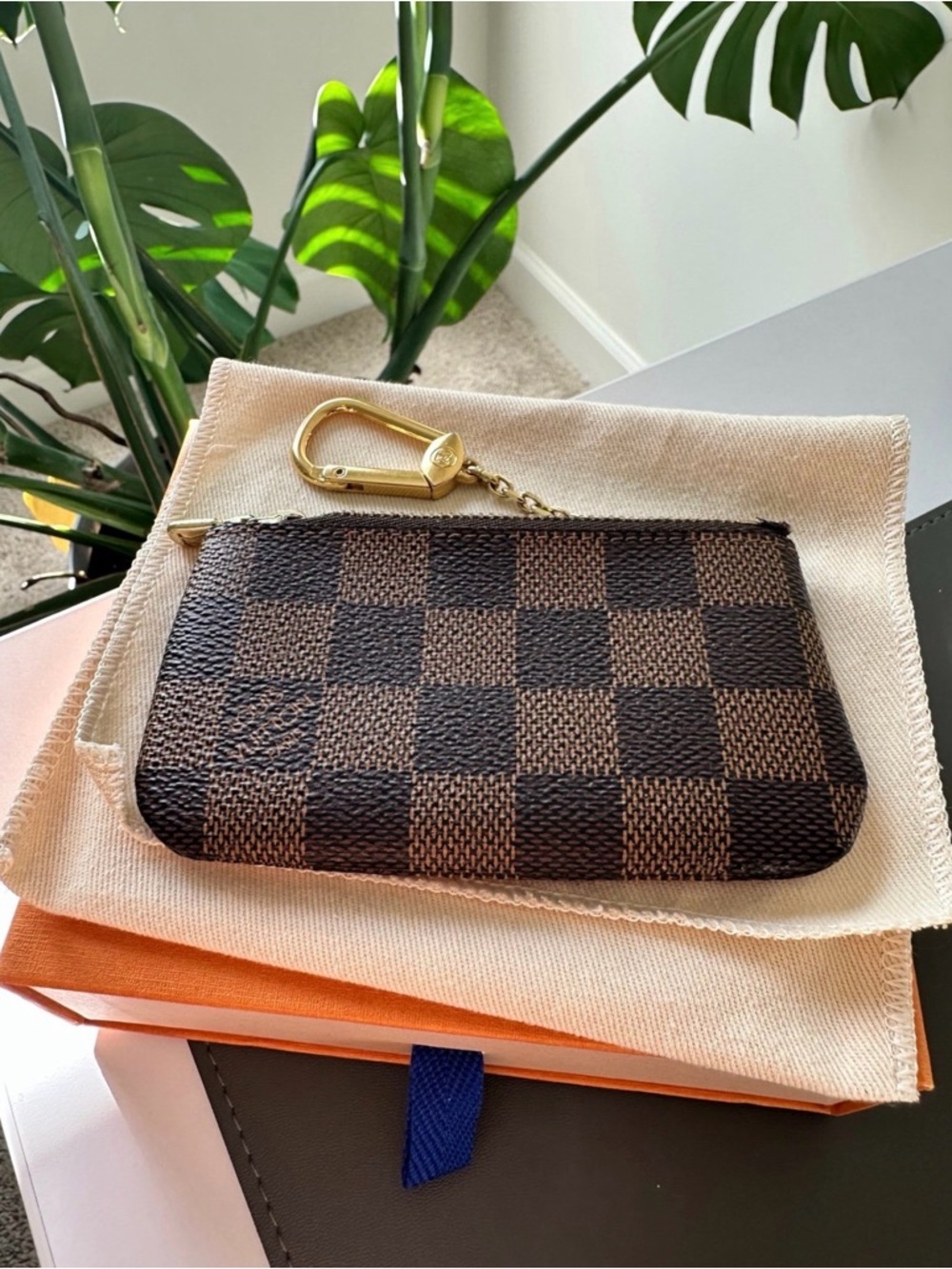 Louis Vuitton Damier Ebene Checker Key Pouch with Gold Hardware